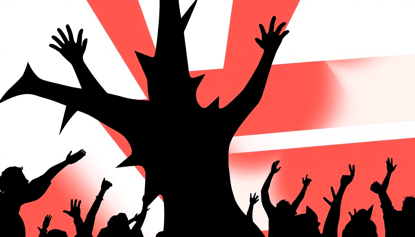 An abstract, minimalist illustration featuring stark black silhouettes of musical instruments and performance elements against a high-contrast red and white background, conveying the energy and rhythm of a live music event.