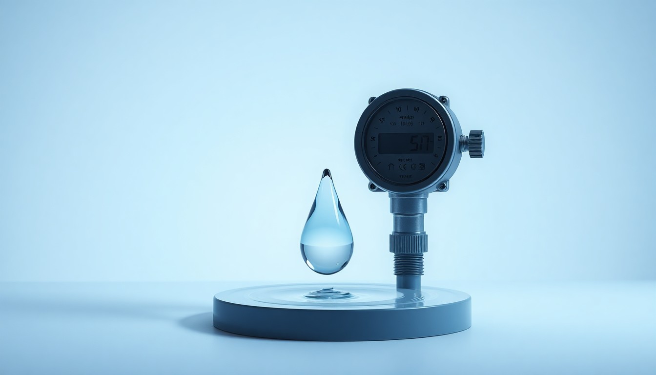 A photorealistic studio still life featuring a sleek, modern water meter and a stylized water droplet, conveying the precision and reliability of the utility company's core services.