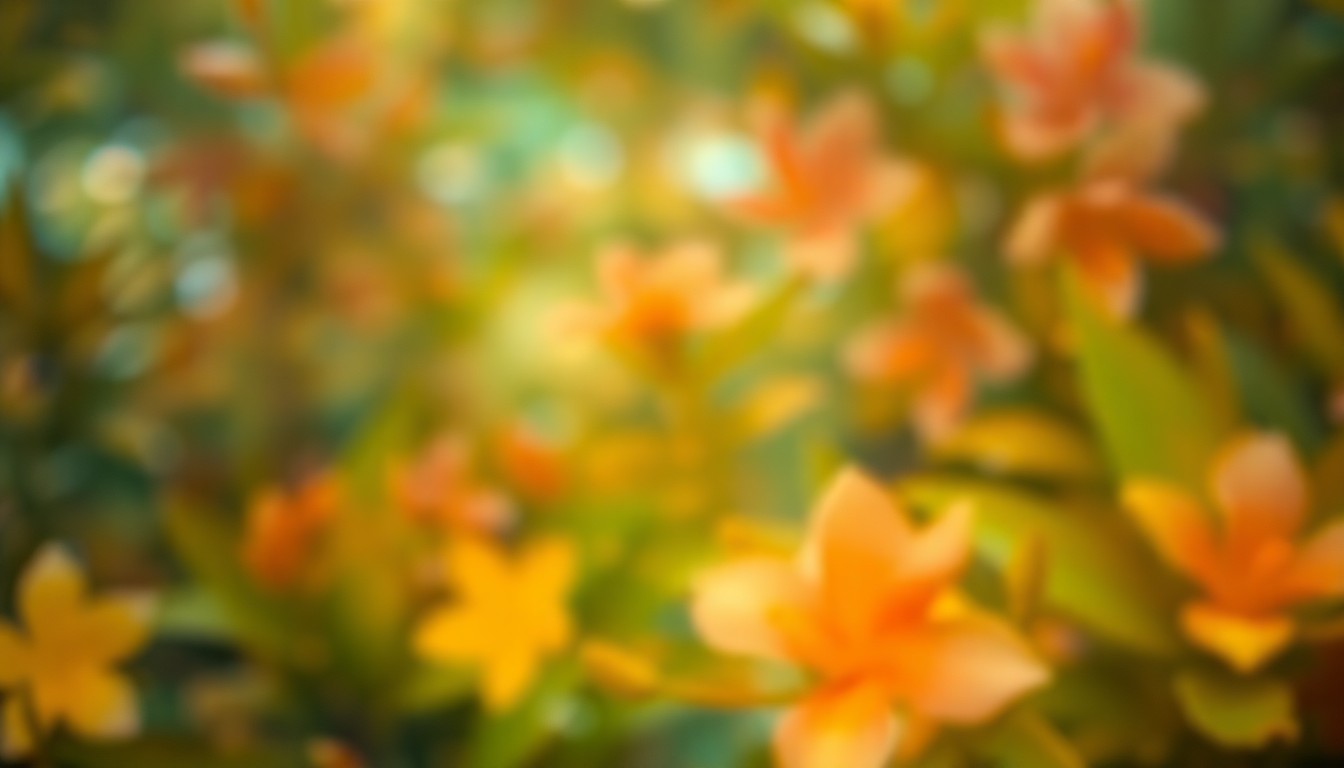 An abstract, impressionistic image of blurred, colorful tropical flowers and foliage, conveying the lush, natural beauty of Hawaii's native plants.