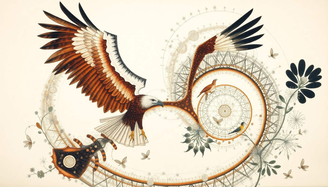 A highly structured abstract painting in muted greens, browns, and blues, featuring sweeping geometric arcs, intersecting waveforms, and precise botanical spirals, conceptually representing the complex biological forces and natural cycles at work in the hatching and growth of baby eagles.