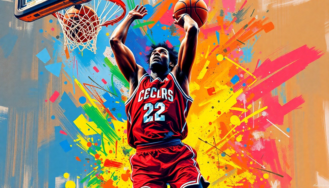 An abstract expressionist painting featuring bold, energetic brushstrokes in neon shades of orange, yellow, and blue, conceptually representing the dynamic action of a basketball dunk.