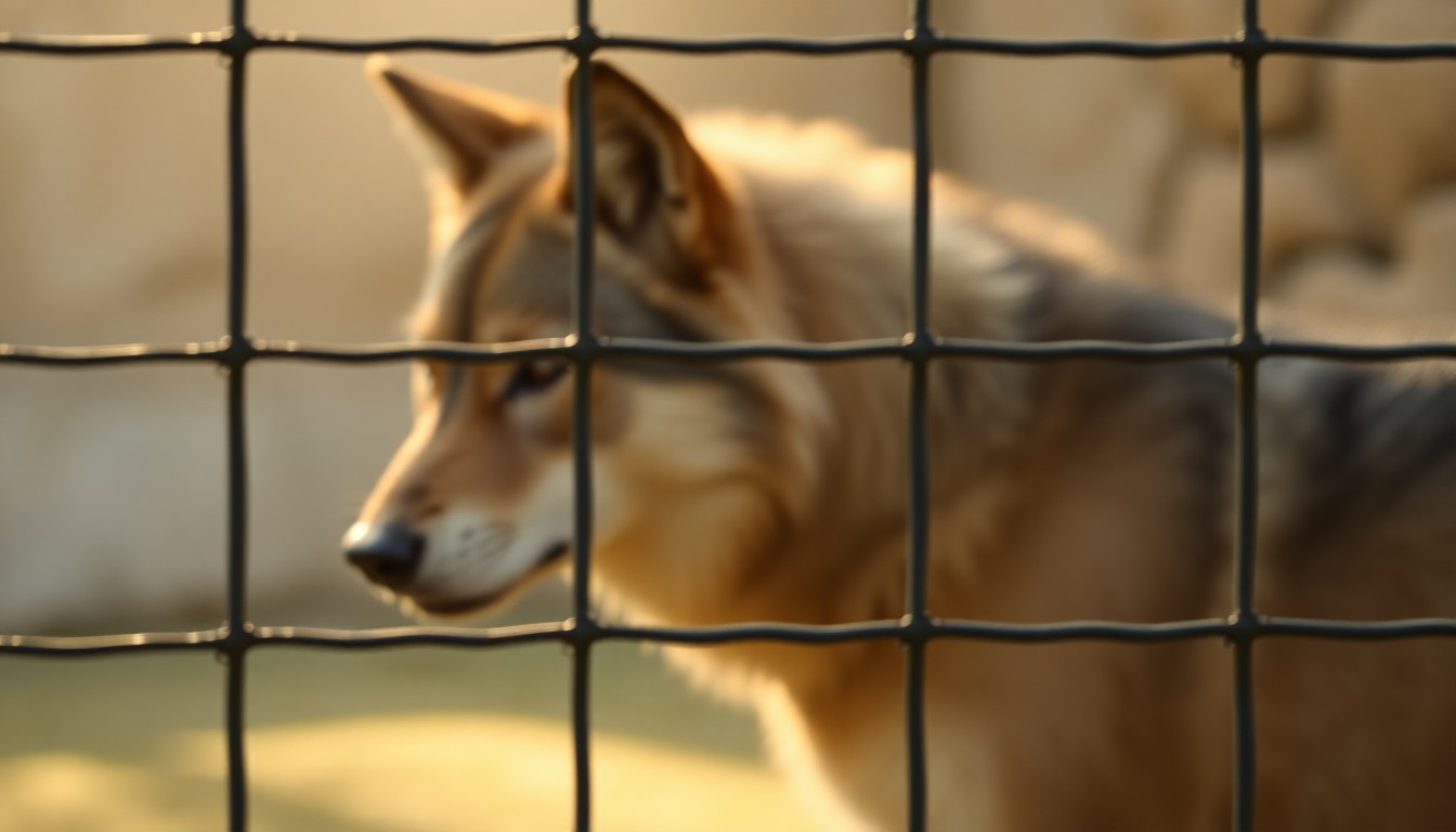 An extremely abstracted, out-of-focus photograph of a zoo enclosure fence with a wolf visible through the bars, blurred in a warm, hazy light, conceptually illustrating the dangers of unsupervised children at wildlife exhibits.