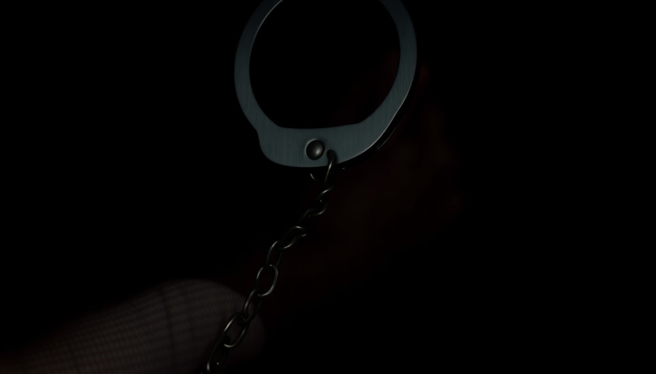 An extreme close-up of a metal handcuff, the harsh flash creating dramatic shadows and textures that convey a sense of gritty investigation into the case.