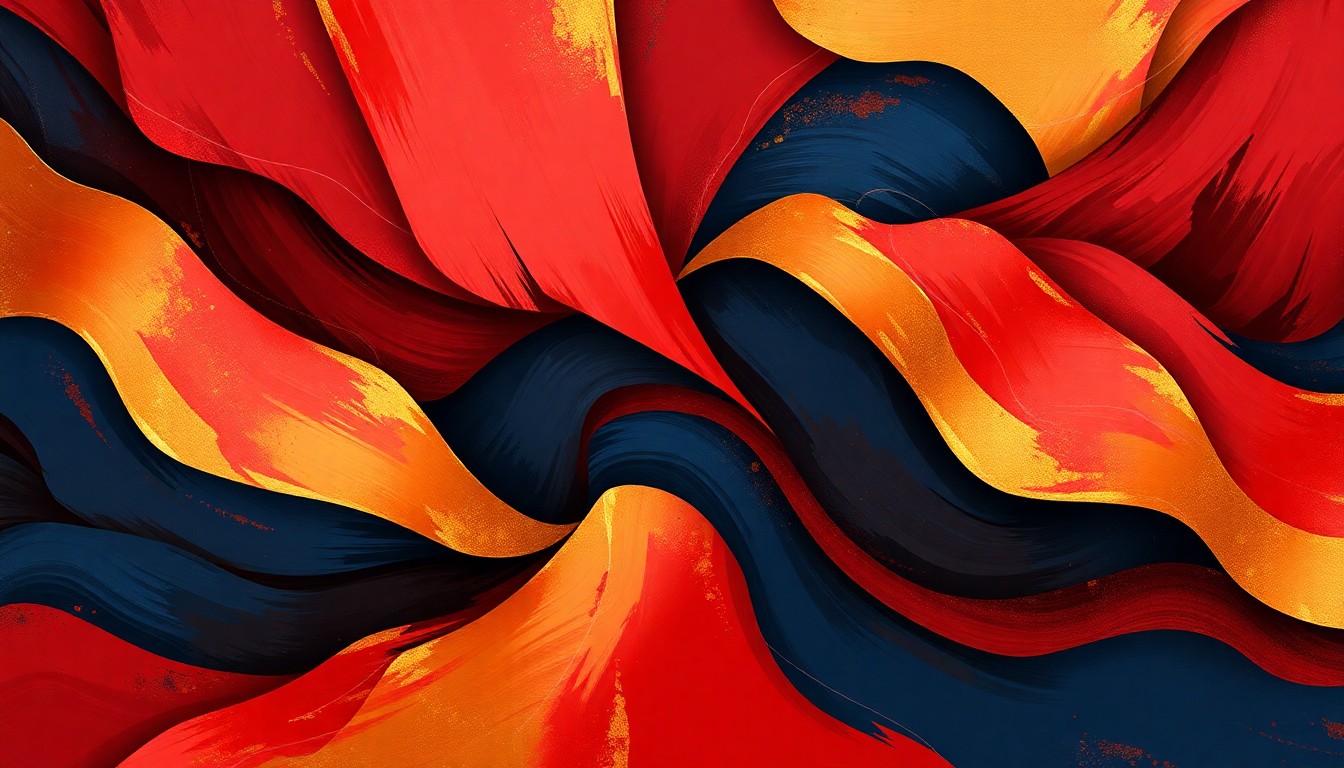 A vibrant, abstract painting featuring overlapping, fractured geometric shapes in shades of red, blue, and gold, conceptually representing the high-stakes political tension of a runoff election.