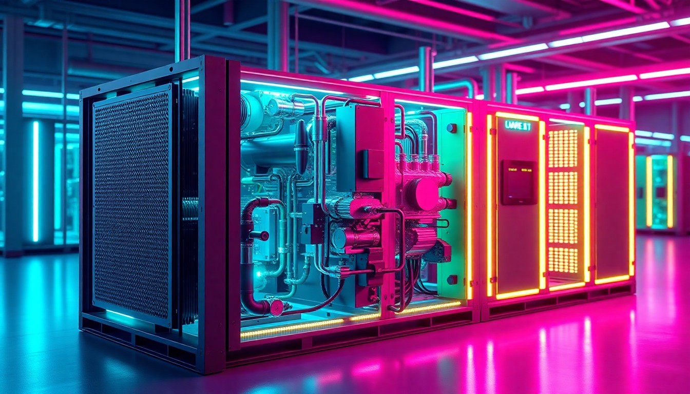 A highly detailed, glowing 3D illustration of a solid oxide fuel cell microgrid system, with neon cyan and magenta lights illuminating the intricate hardware components, conceptually representing the advanced power solution that will enable EdgeMode to rapidly deploy its AI data center infrastructure.