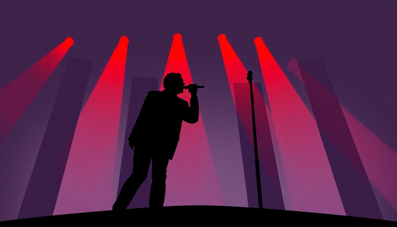 A striking black silhouette of a singer performing on a stage, with bold red and black geometric shapes surrounding them, conveying the excitement and energy of a live music performance.
