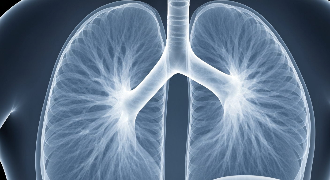 An abstract, ghostly X-ray image revealing the delicate internal structure of human lungs, conceptually representing the rare respiratory condition targeted by Precigen's new drug.