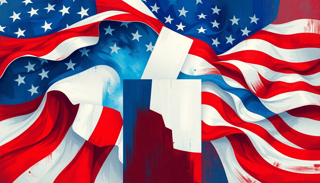 A vibrant, abstract painting featuring overlapping geometric shapes and brushstrokes in red, white, and blue, conceptually representing the energy and dynamism of a competitive political election.