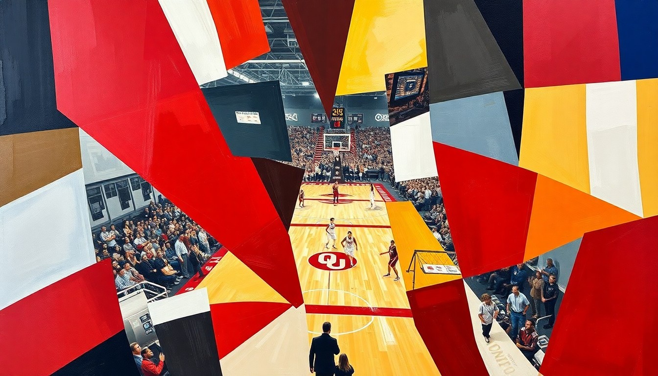 A cubist, geometric painting depicting the chaotic action of a college basketball game, with sharp planes of the Sooners' crimson and cream colors overlapping to create a dynamic, fragmented visual representation of the team's roster overhaul.