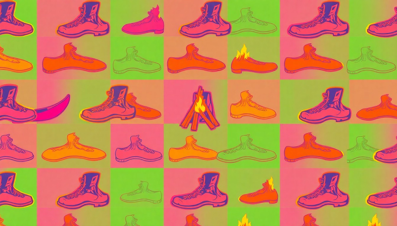 A high-contrast, brightly colored silkscreen print of a single camping object like a canoe or hiking boot repeated in a grid pattern, conveying the retro, playful aesthetic of adult summer camp experiences for women.