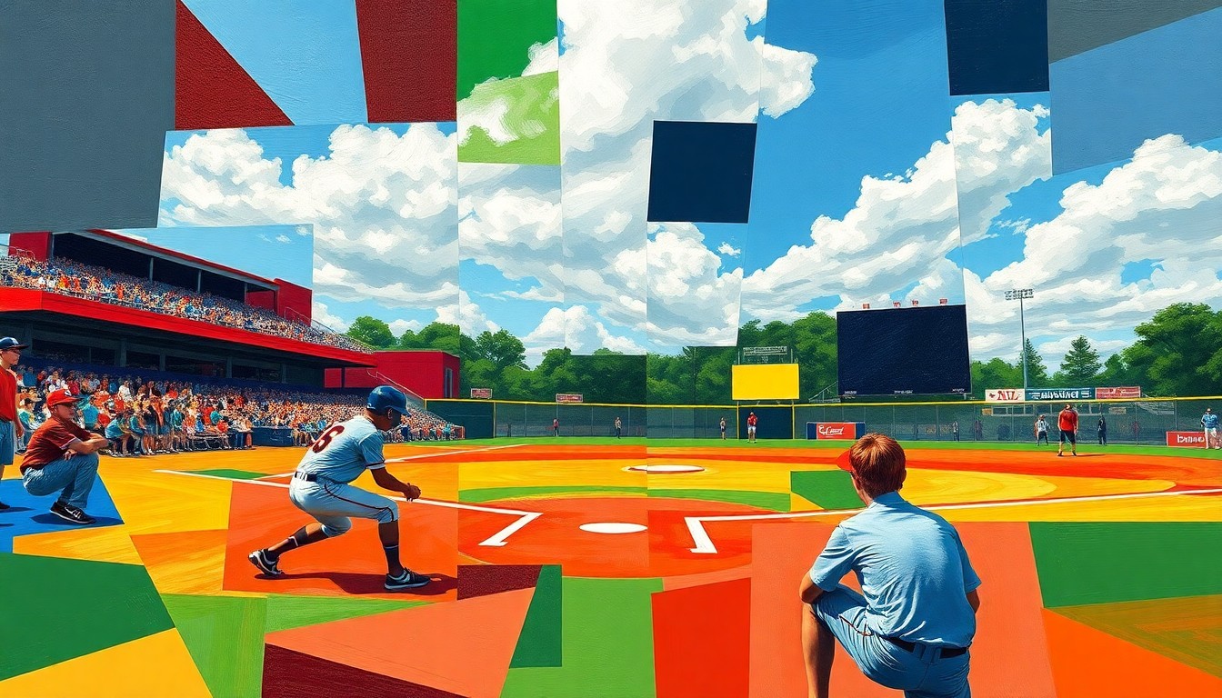 A fragmented, geometric painting in bold primary colors depicting the movement and competition of a high school softball match.