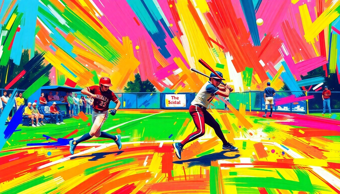 An abstract, expressionist painting in neon colors depicting the dynamic motion and energy of a high school softball game.