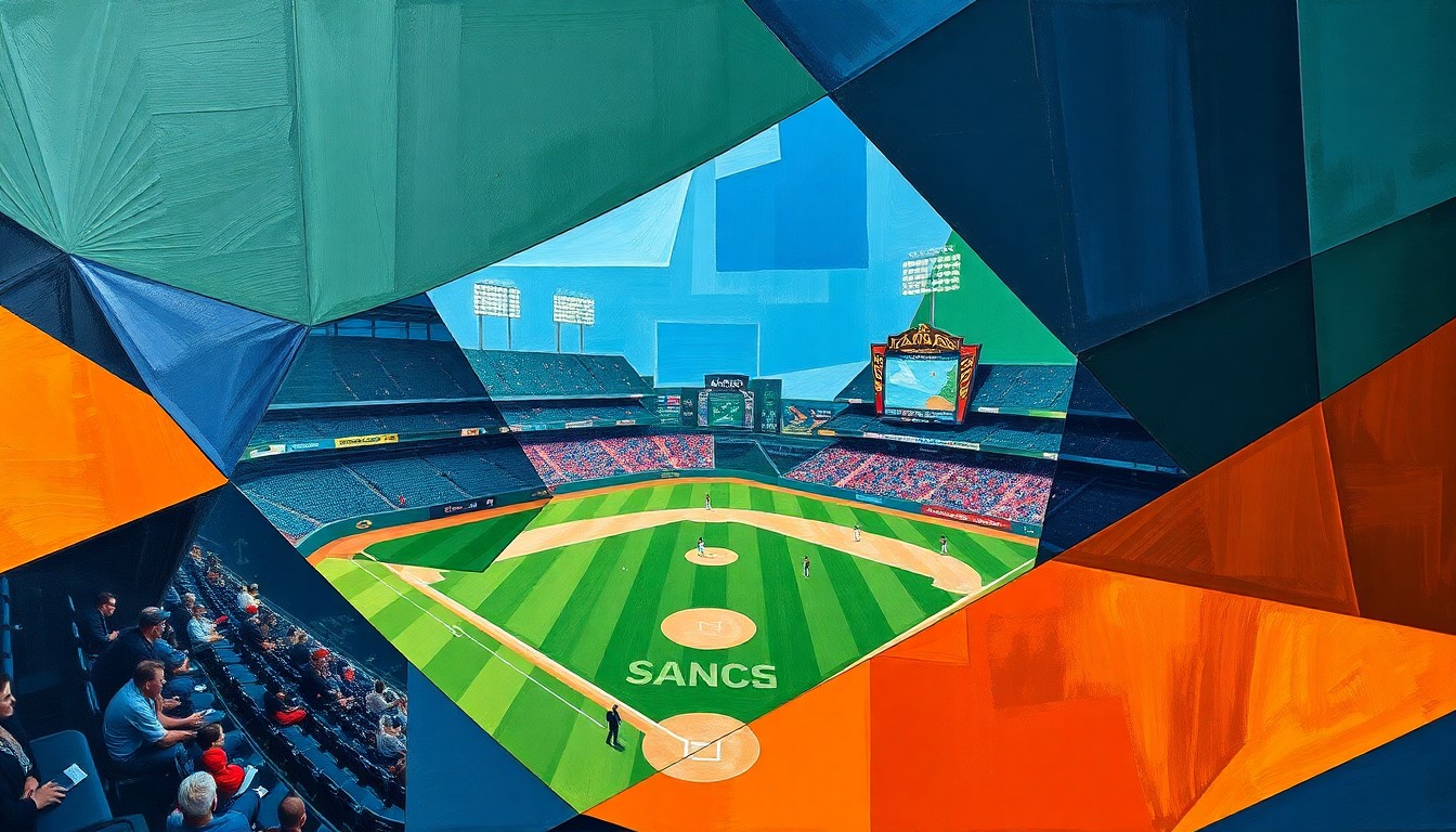 A fragmented, geometric painting depicting the dynamic movements and energy of a baseball game, with sharp planes of navy, green, and orange.