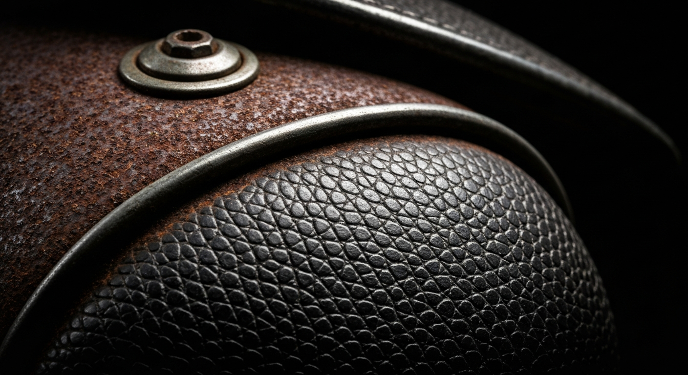 An extreme close-up photograph showcasing the intricate textures and aged patina of an automotive part, conceptually representing the history and craftsmanship of the Murray's dealership.