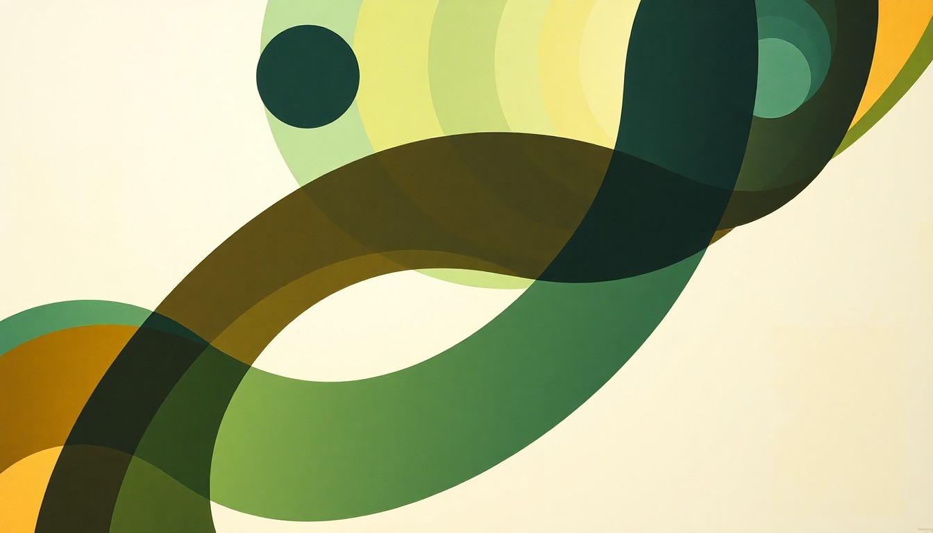 A bold, highly structured abstract painting in muted earth tones, featuring sweeping geometric arcs, concentric circles, and precise botanical spirals, conceptually visualizing the complex scientific forces and natural properties of biodiesel as a clean fuel alternative.