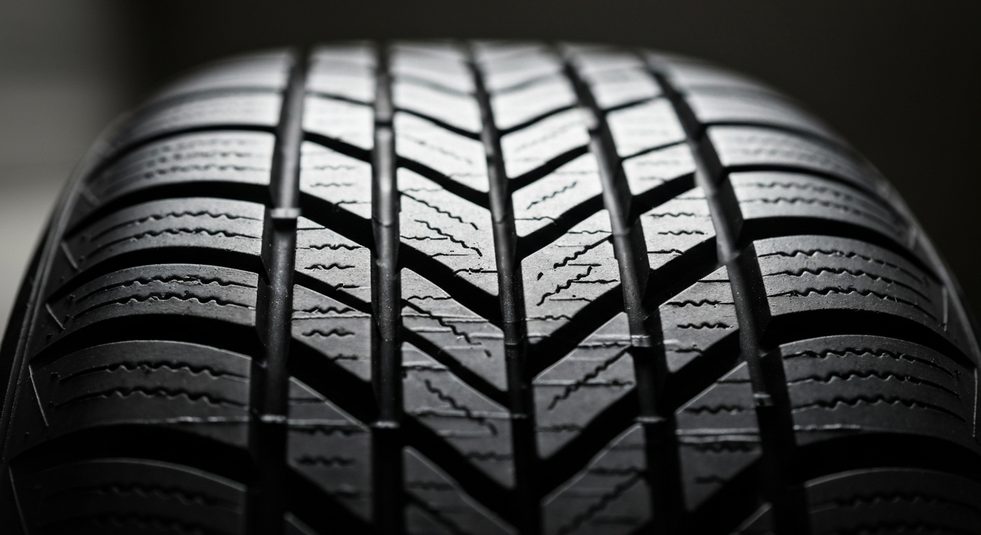 An extreme close-up photograph of the pebbled, textured surface of a car tire tread, capturing the intricate details and patterns of the rubber material.
