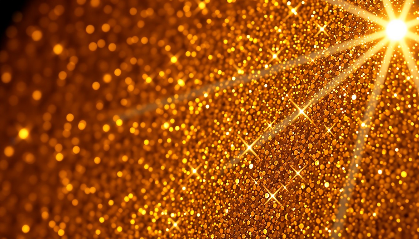 An extreme close-up photograph of shimmering gold sequins reflecting dramatic studio lighting, conceptually representing the high-end glamour and production value of a Las Vegas music residency.