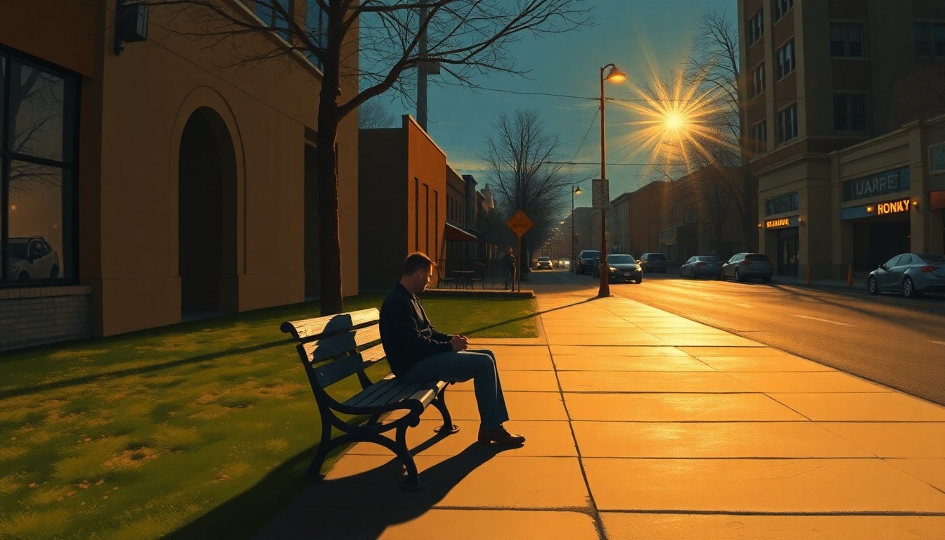 A serene, cinematic painting depicting a lone person sitting on a park bench in downtown Tulsa, with warm sunlight and deep shadows creating a contemplative mood.