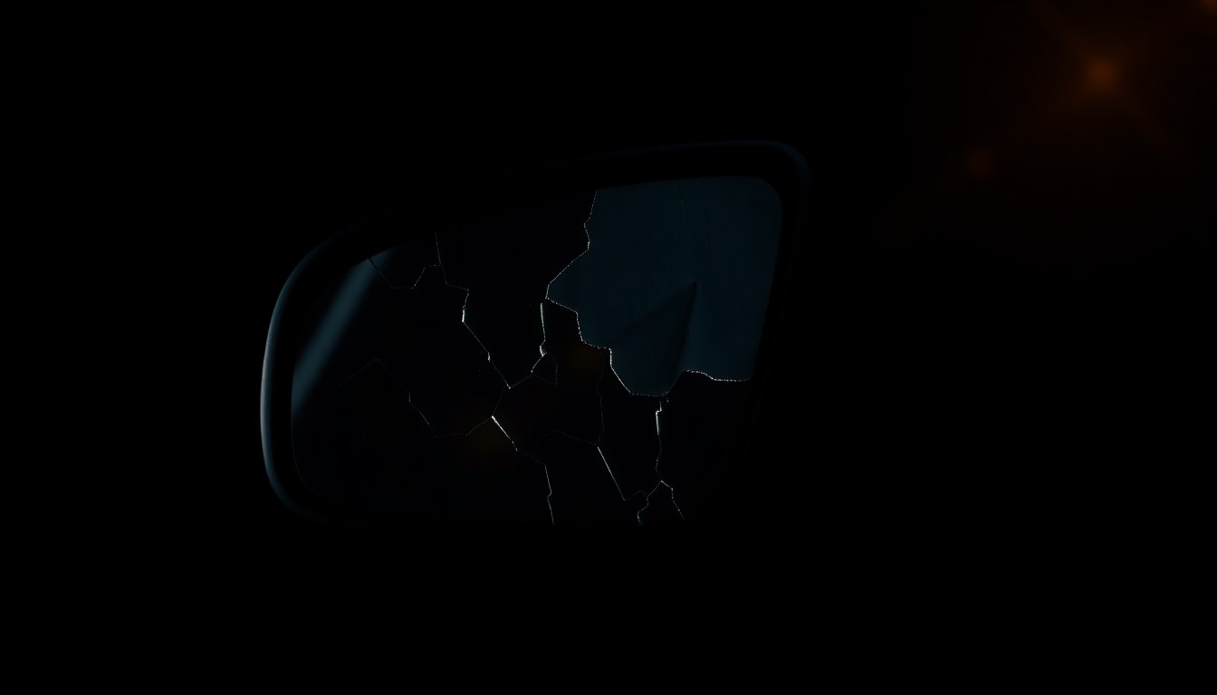 An extreme close-up photograph of a crumpled car side mirror, capturing the harsh, gritty aftermath of a highway collision.