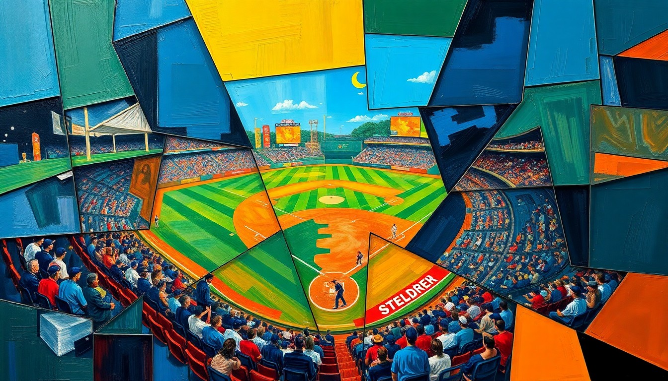 A cubist-style painting depicting a baseball game or match, with the players and field broken down into sharp, overlapping geometric shapes in a vibrant color palette, conveying the energy and excitement of minor league baseball.