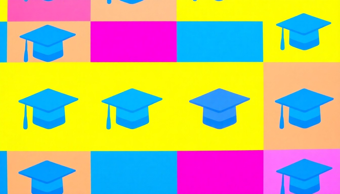 A bold, stylized illustration of a graduation cap icon repeated in a grid pattern, using bright neon colors to conceptually represent the academic excellence and community impact of a Georgia Scholar honoree.