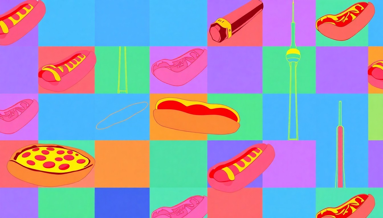 A high-contrast, silkscreen-style grid of a recognizable Chicago landmark or food item, rendered in a bold, neon color palette that captures the energy and spirit of the city.