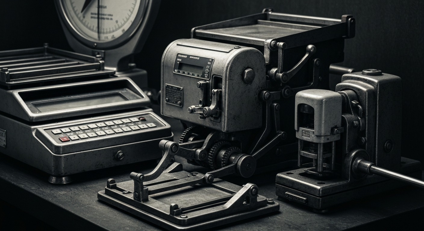 An extreme close-up of heavy, industrial postal machinery like scales, meters, and stamping devices, representing the tangible financial security and infrastructure of the tax filing process.