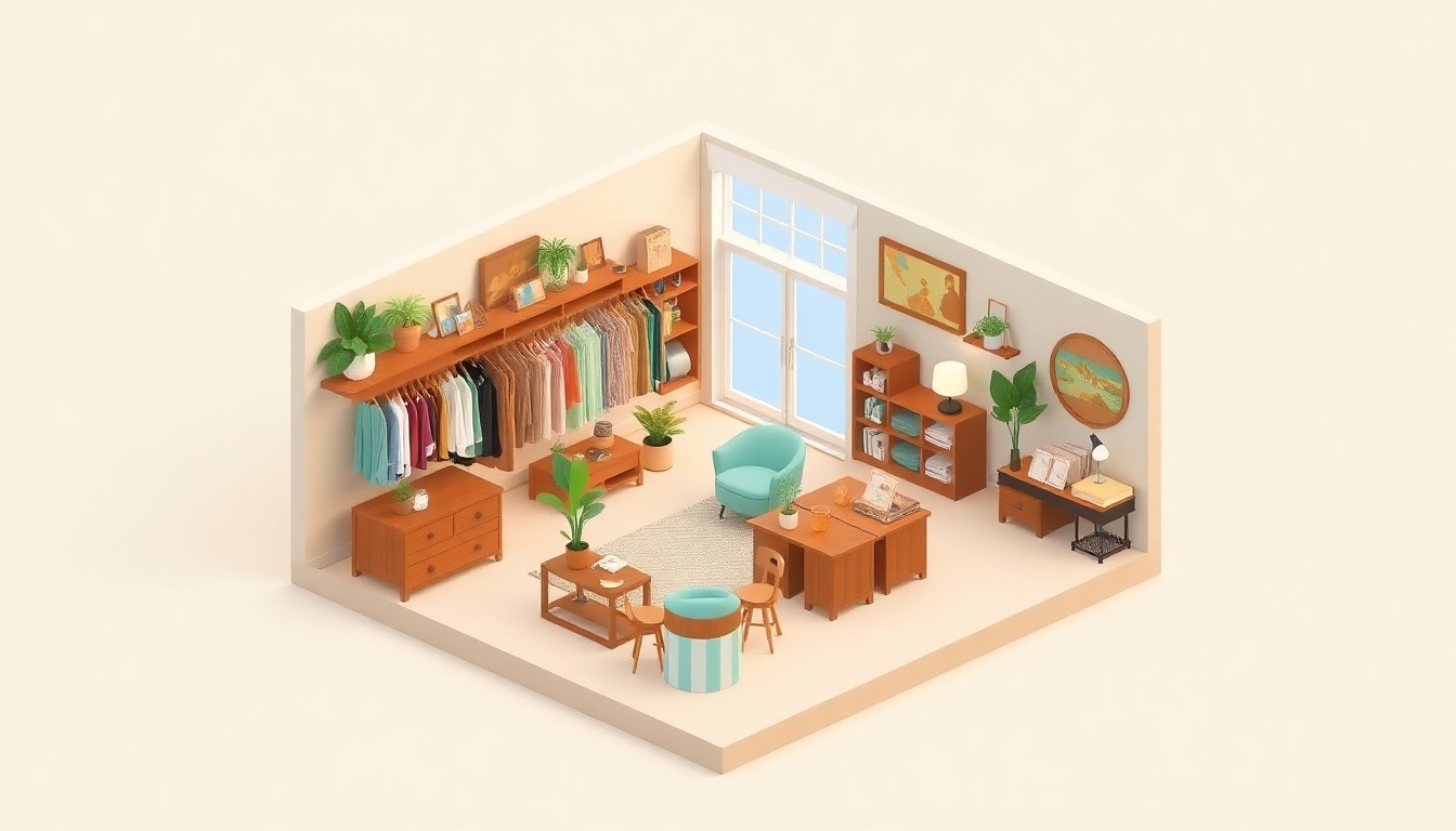 A stylized, isometric 3D digital illustration depicting the interior of Coastal Consignment Boutique, featuring displays of sustainable women's fashion, refinished and upcycled furniture, and natural lighting, all set against a soft pastel background.