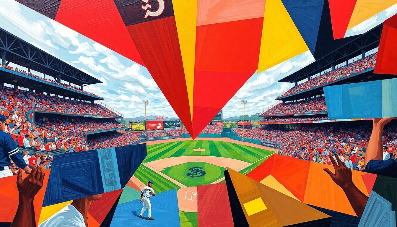 A fractured, geometric painting in the style of Pablo Picasso, capturing the energy and movement of a baseball game with overlapping planes of bright team colors.
