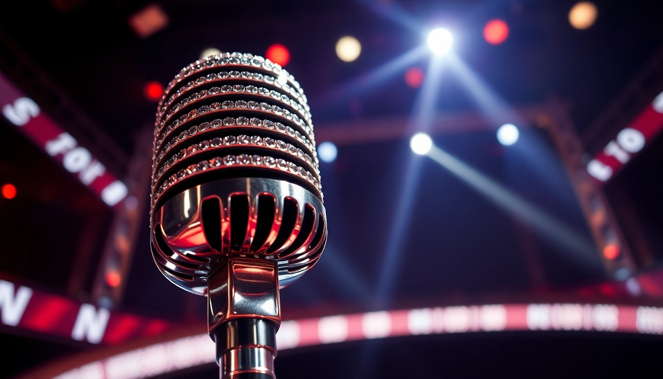 An extreme close-up photograph of a bejeweled microphone against a dramatic, high-contrast studio backdrop, capturing the glitz and glamour of Latin music awards season.