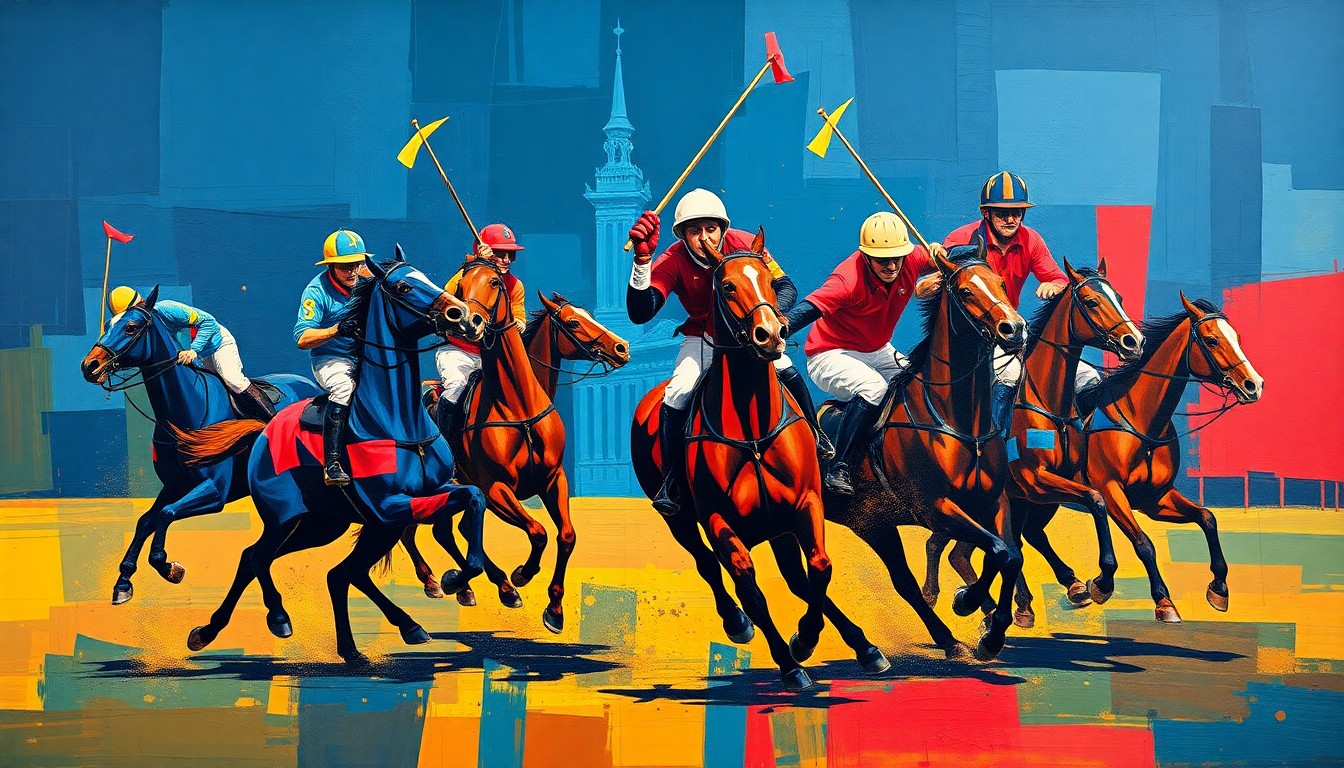 A cubist-style painting depicting a high-energy polo match, with players and horses broken down into overlapping geometric shapes and planes in a vibrant color palette, capturing the dynamic movement and competition of the sport.
