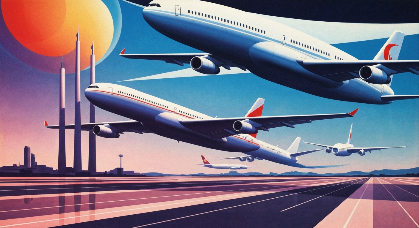 A highly stylized, geometric illustration depicting the grand scale and streamlined forms of international air travel, without any text or identifiable elements, capturing the conceptual essence of MyFlyYatra's expanded flight offerings.