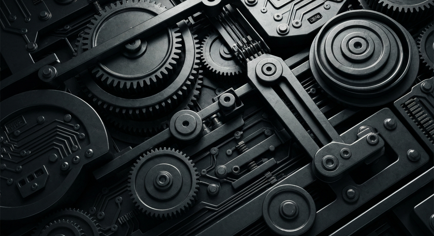 An extreme close-up of intricate, metallic banking machinery and circuits, conveying a sense of financial security and institutional power without using literal currency or charts.