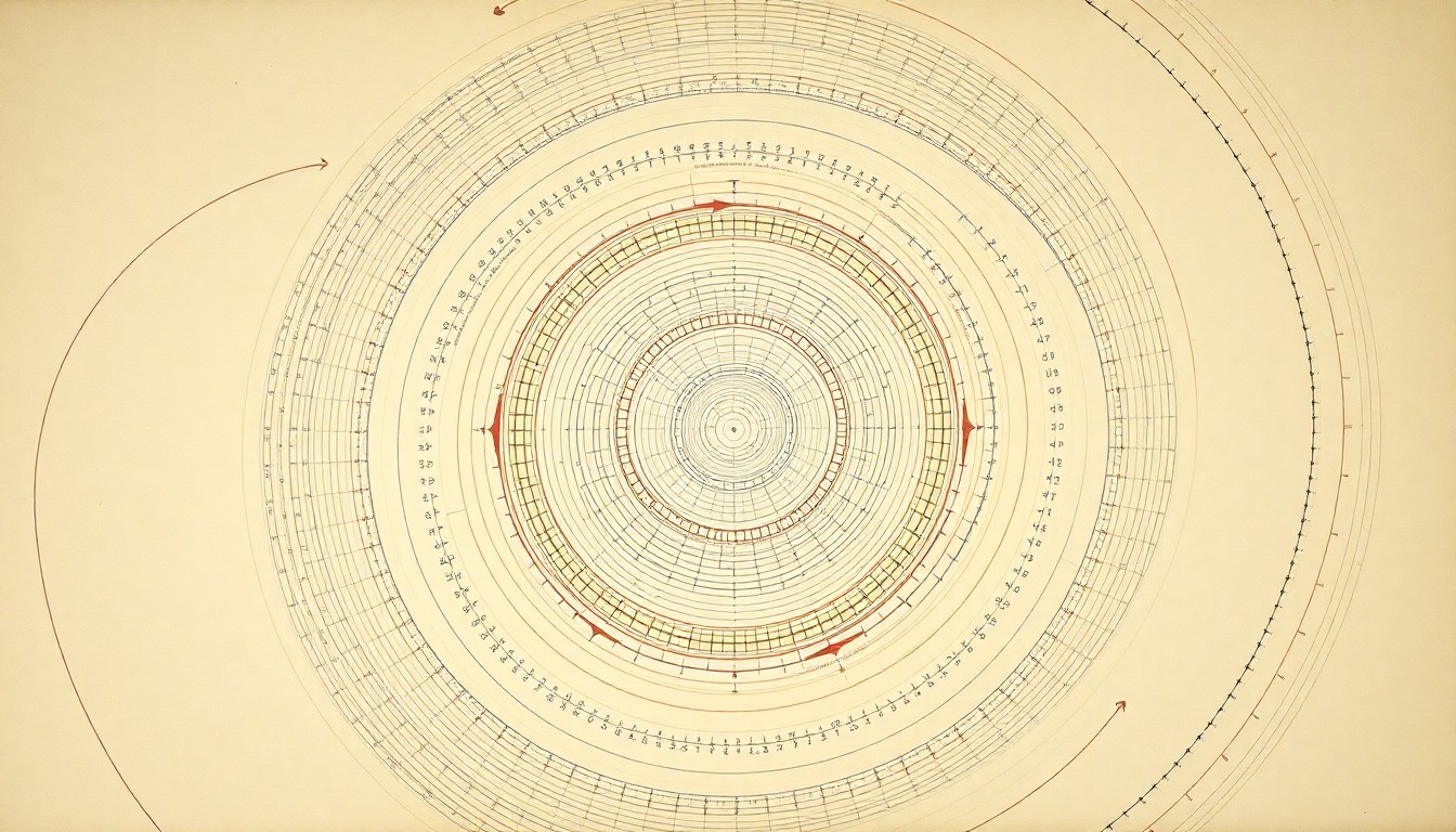 A highly structured abstract painting in soft, earthy tones featuring sweeping geometric arcs, concentric circles, and precise botanical spirals, conceptually representing the complex molecular processes involved in Moolec's breakthrough production of bovine myoglobin in pea seeds.