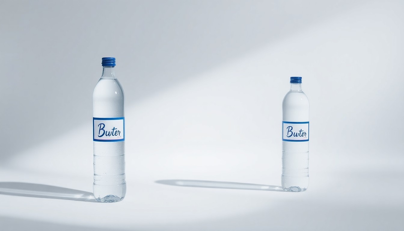 A photorealistic studio still life featuring a stack of premium glass water bottles with the Be Water label, arranged elegantly on a clean white background and dramatically lit to convey a sense of operational discipline and performance visibility.