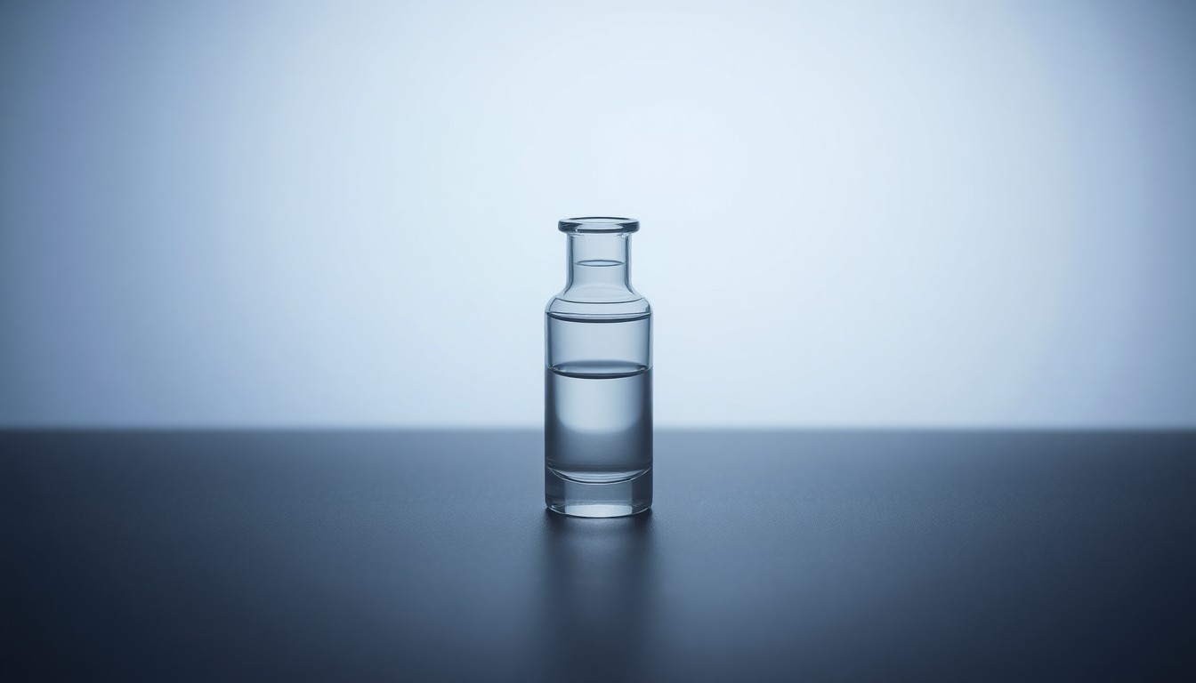 A high-end, photorealistic studio still-life photograph featuring a polished, geometric glass vial filled with a clear liquid, representing Ensysce's novel analgesic formulations. The vial is arranged elegantly on a clean, monochromatic seamless background, using sharp, dramatic studio lighting and deep shadows to symbolize the company's focus on developing advanced, safe pain management solutions.