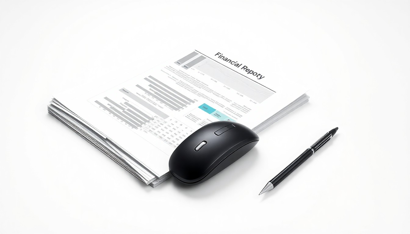 A photorealistic studio still life featuring a stack of financial reports, a computer mouse, and a pen arranged on a clean white background, symbolizing the abstract concepts of corporate strategy and market performance.