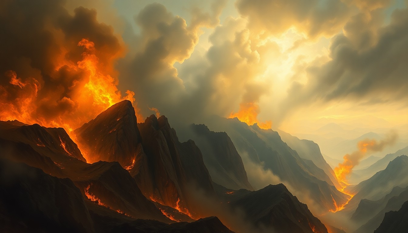 A vast, atmospheric landscape painting depicting a massive fire raging in the distance, with the flames and smoke dominating the scene and dwarfing any visible structures or objects.