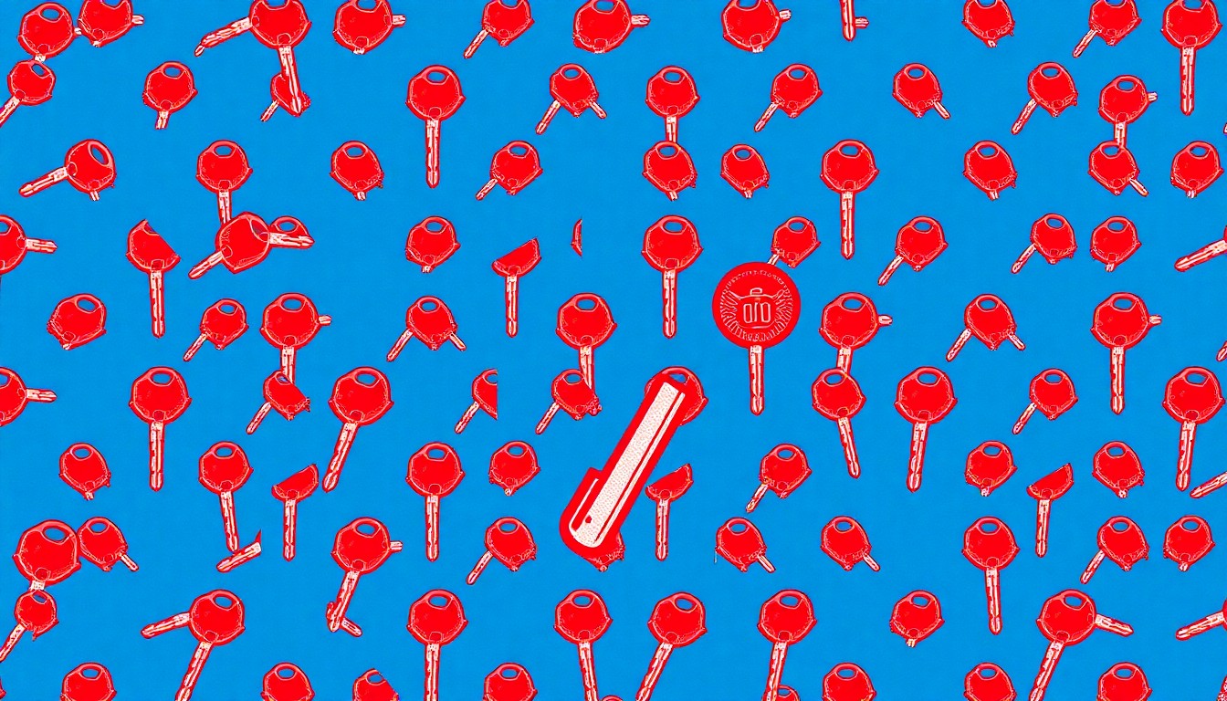 A bold, colorful silkscreen print featuring a car key icon repeated in a grid pattern, conceptually representing the dangers of drunk driving and the need for innovative approaches to address this problem.