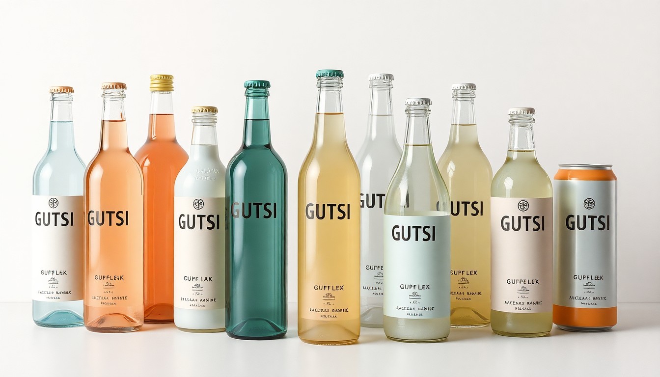 A minimalist studio photograph featuring an elegant arrangement of glass bottles and cans in muted pastel colors, conceptually representing the premium, organic, and functional nature of the GUTSI beverage line.