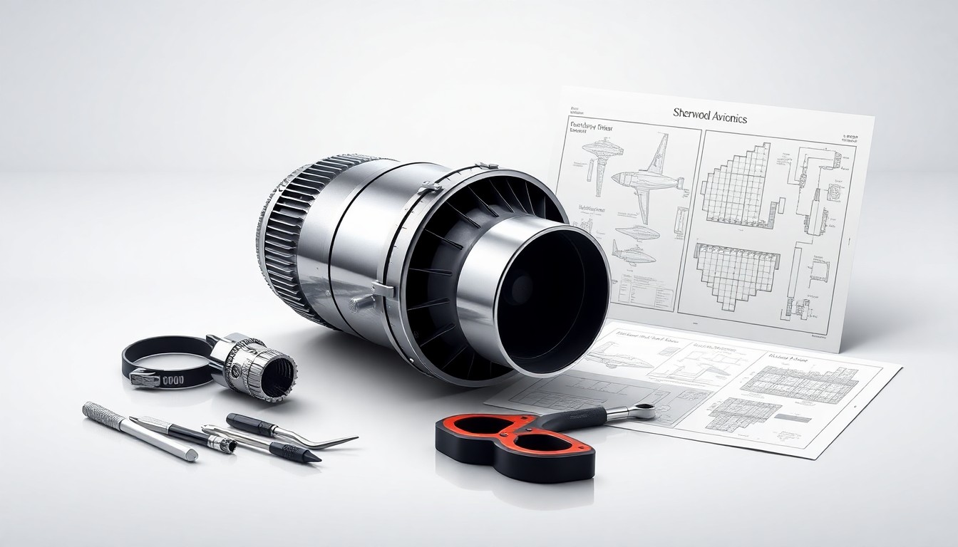 A high-end, photorealistic studio still-life photograph featuring a sleek, polished metal auxiliary power unit (APU) component, a set of precision aviation tools, and a technical schematic diagram, all arranged elegantly on a clean, monochromatic seamless background, conceptually representing the technical expertise and attention to detail that Sherwood Avionics brings to the defense and aerospace MRO market.