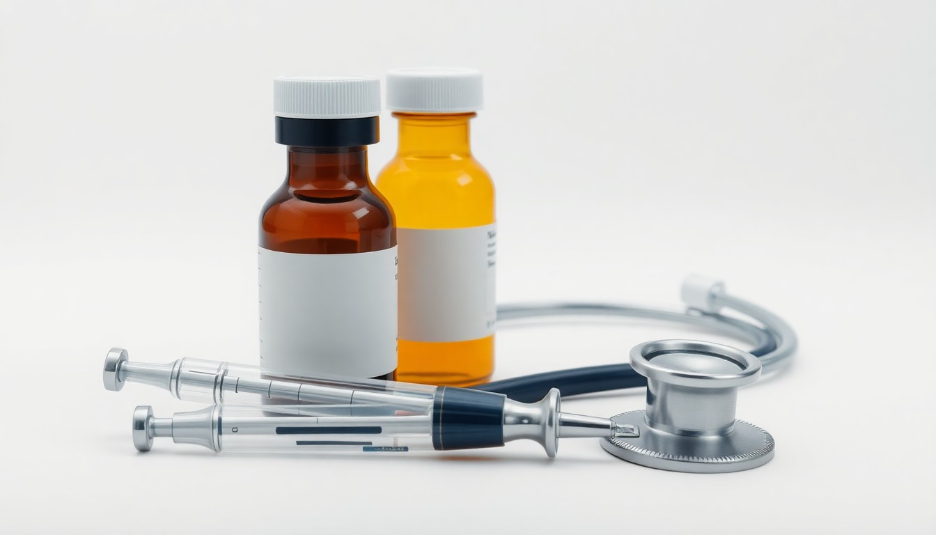 A photorealistic studio still-life featuring a stack of prescription medication bottles, a syringe, and a stethoscope arranged elegantly on a clean, white background, conveying the precision and care of specialty pharmacy services.