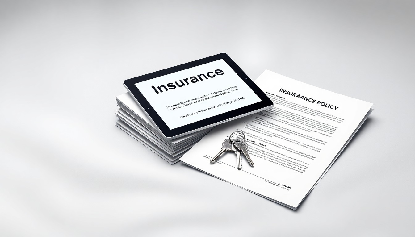 A high-end, photorealistic studio still-life photograph featuring a stack of insurance documents, a digital tablet displaying an insurance policy, and a set of keys, all arranged elegantly on a clean, monochromatic seamless background, conceptually representing the collaboration between Steadily and Real Property Management to provide property managers with the tools and coverage they need to protect rental properties and their businesses.