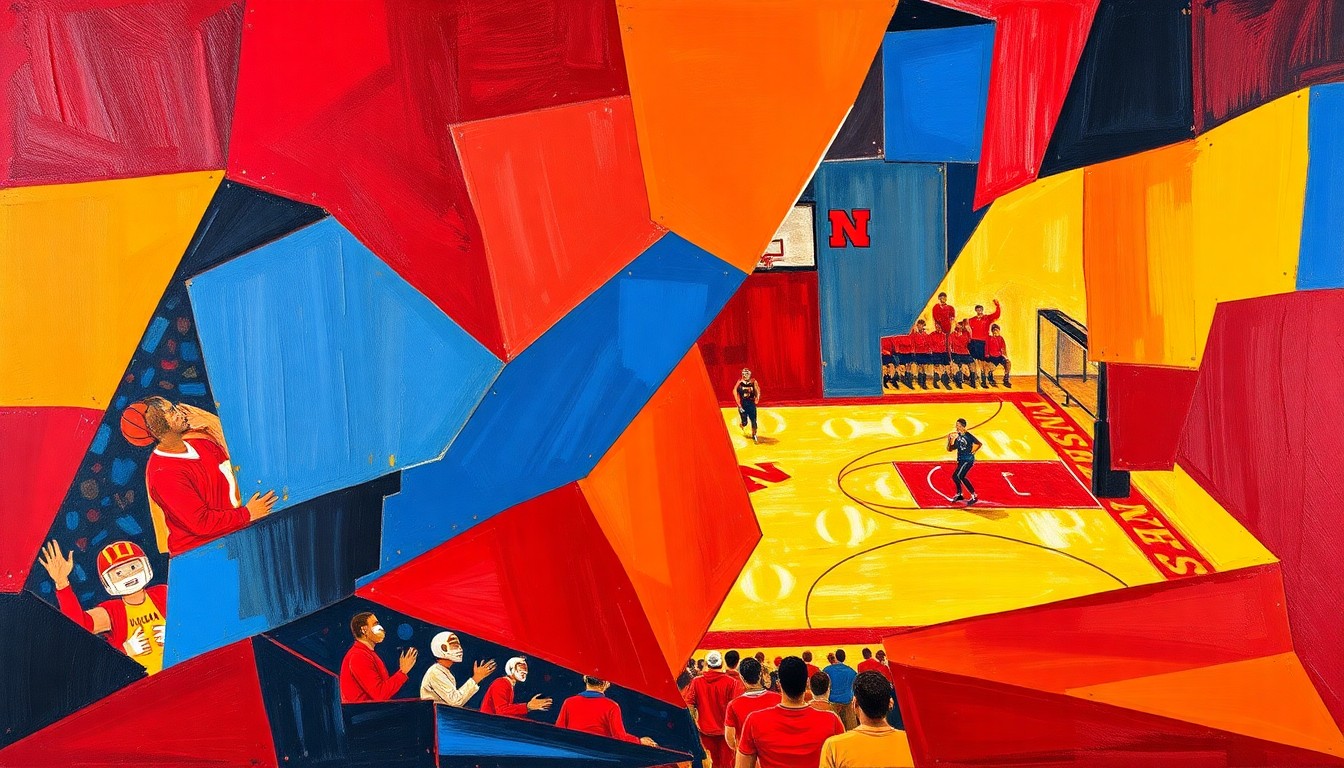 A cubist, geometric painting depicting a Nebraska basketball game or practice, with sharp, overlapping planes of color representing the team's offseason roster decisions.