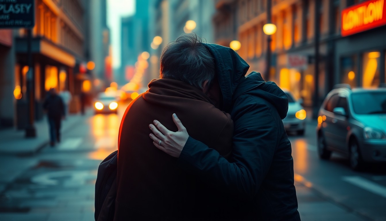 A dreamy, out-of-focus scene of a homeless couple embracing on a city street, with soft, warm pools of light and color surrounding them, conveying the emotional struggle and resilience of their situation.