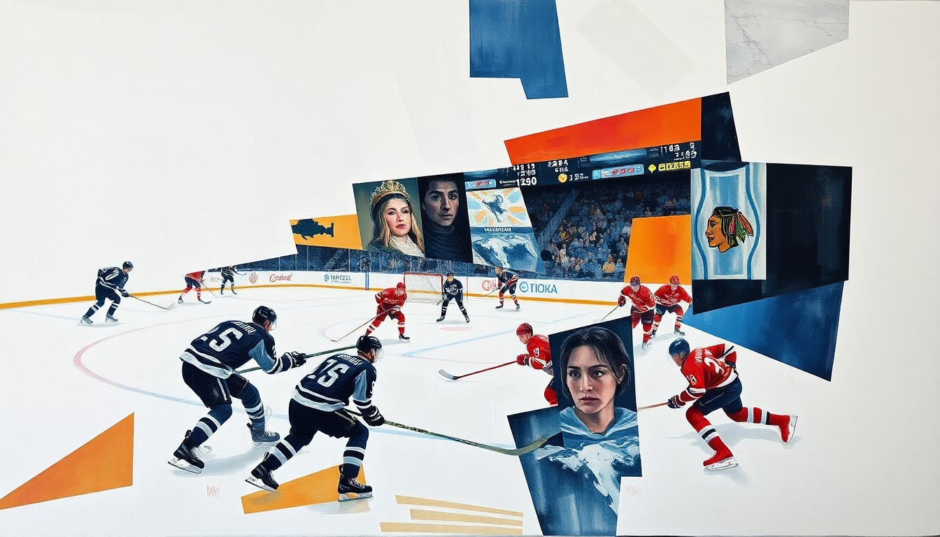 A cubist, geometric painting depicting fragmented hockey players and equipment, representing the multi-faceted nature of the Red Wings' prospect development.