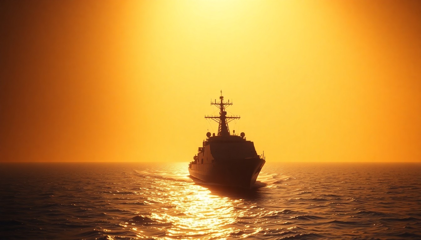 A serene, cinematic painting of an Iranian naval vessel in the Strait of Hormuz, with warm sunlight and deep shadows creating a tense, uncertain mood around the geopolitical standoff.