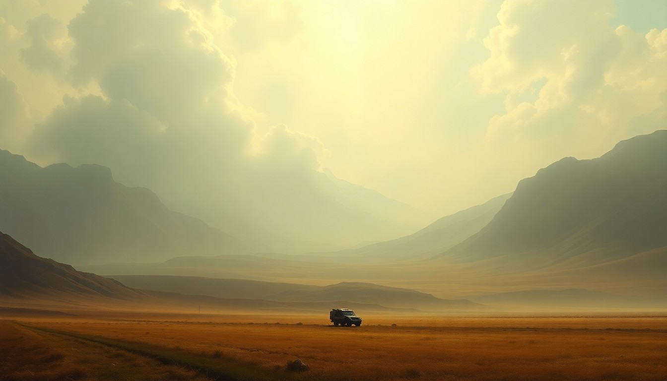 A vast, hazy landscape painting in muted tones of gray, brown, and blue, with a small, isolated structure or vehicle barely visible in the distance, dwarfed by the overwhelming scale of the natural world.