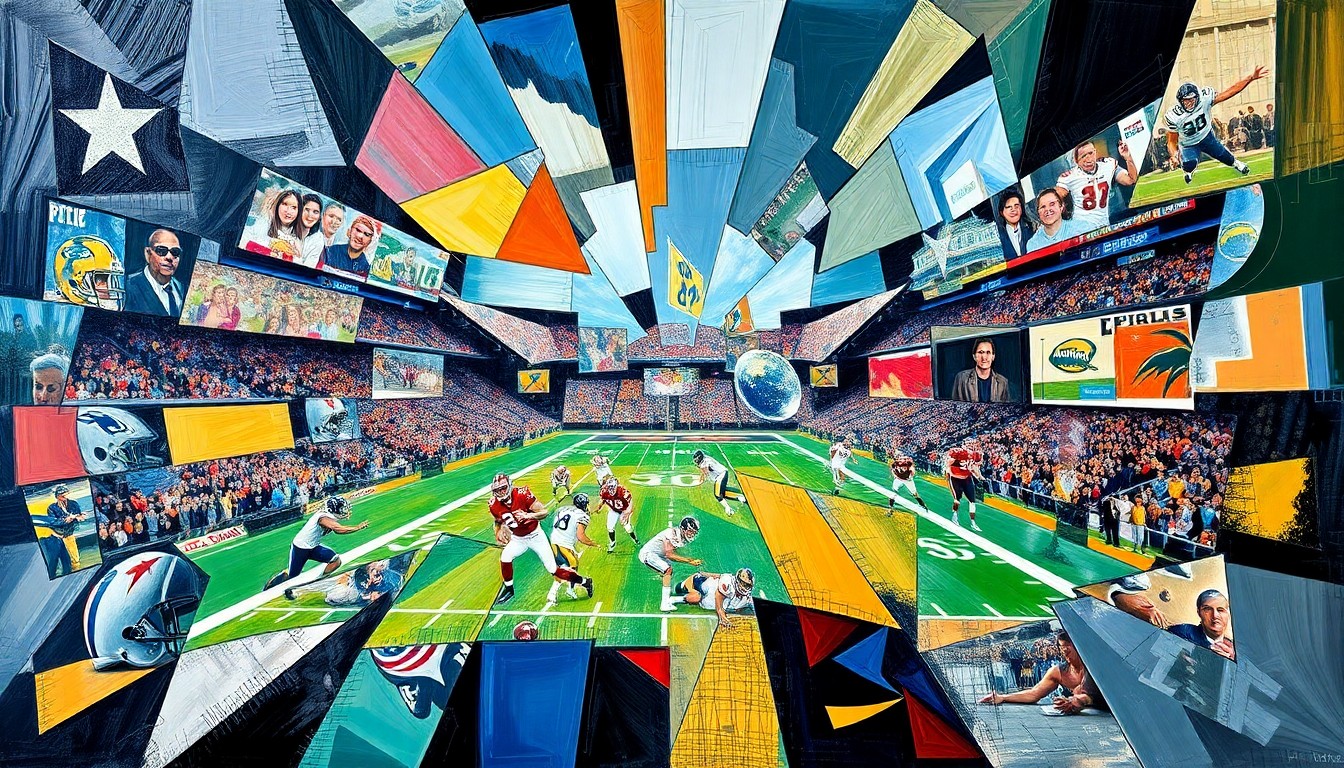 A cubist, geometric painting depicting fragmented football players and draft prospects, conveying the dynamic and complex nature of the NFL draft process.