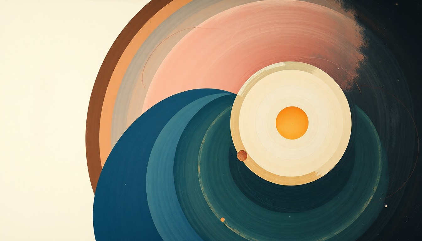 A bold, abstract painting in soft blues, greens, and grays featuring sweeping geometric shapes and intersecting waveforms, conceptually representing the complex interplay between language models and medical imagery analysis.